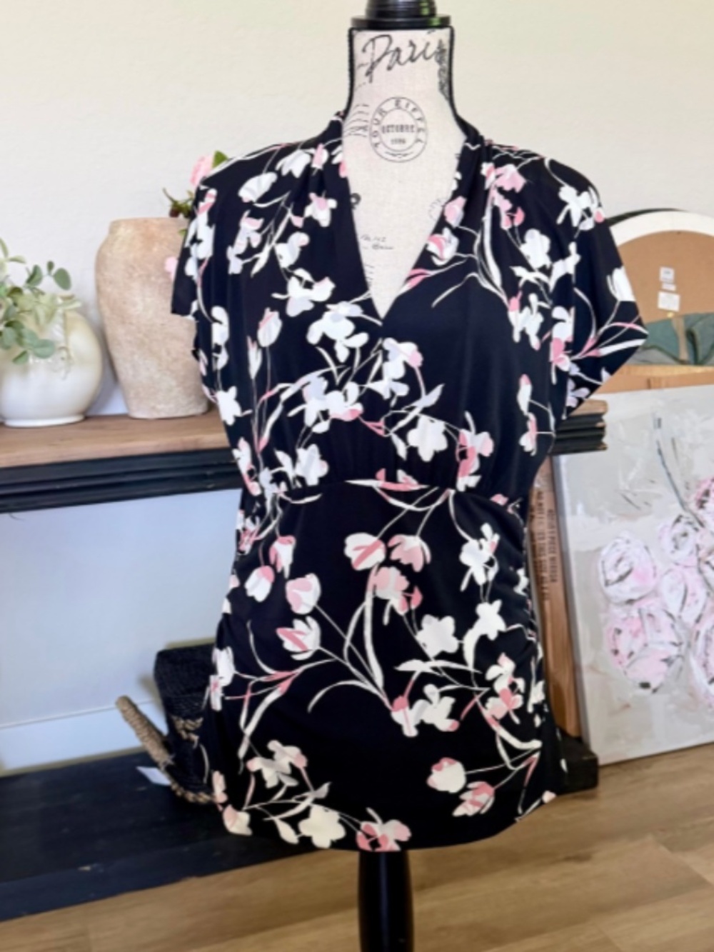 WHBM Black Floral V-Neck Top